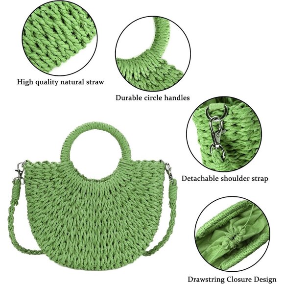 Woven Straw Beach Bag for Womem Top Handle Green Crossbody and Shoulder Strap - Picture 4 of 6